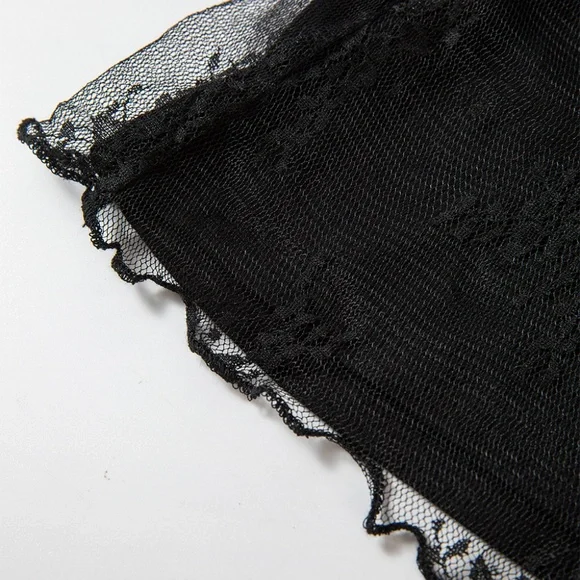 B204 Black Lace Mesh Crochet Splicing Slim Fit Long Sleeve Blouse - Picture 4 of 5